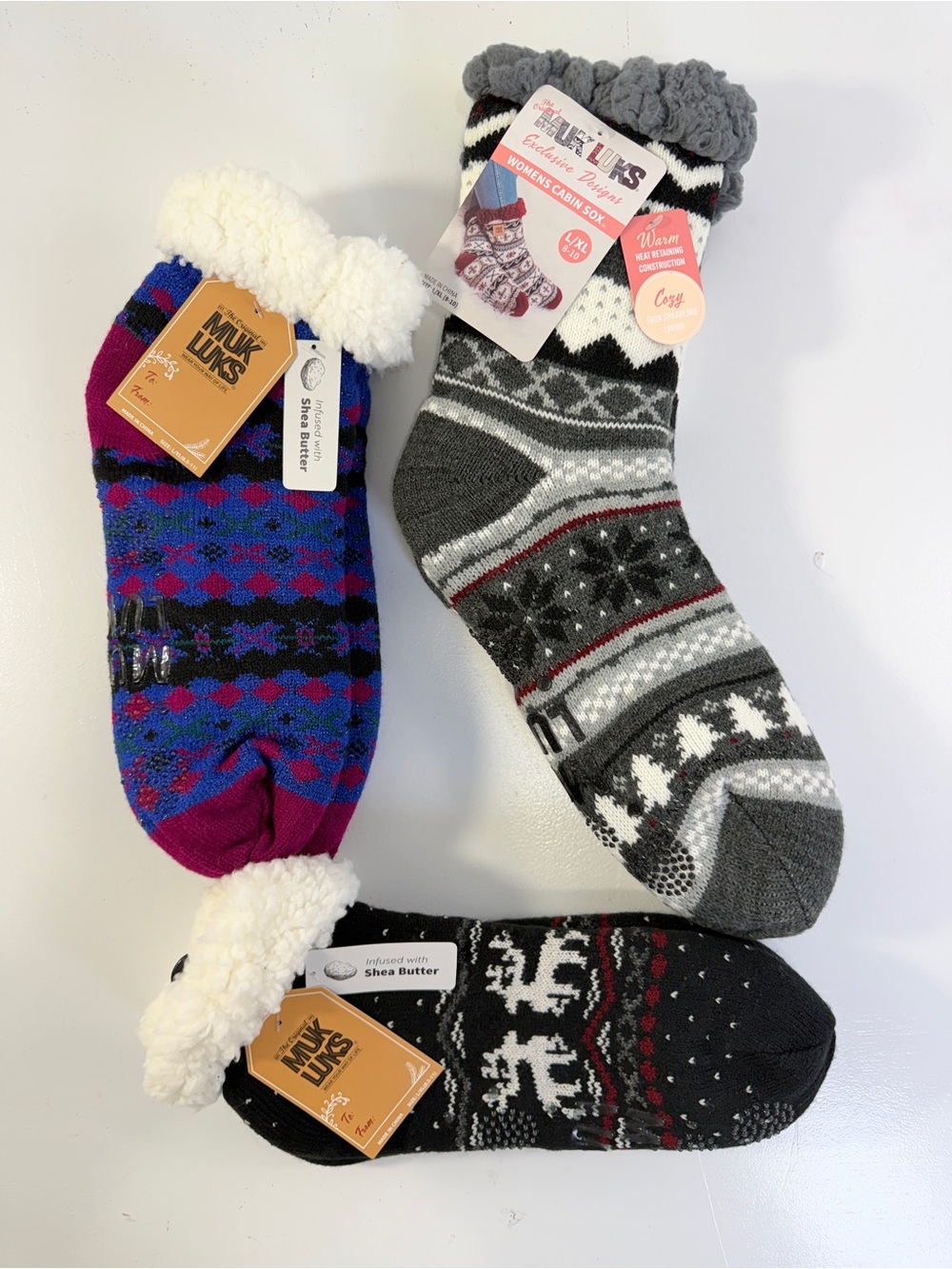 3 pr Muk Luks Cozy Fleece-Lined Cabin Socks Blue Purple Gray Black‎ Sz L/XL 8-10
